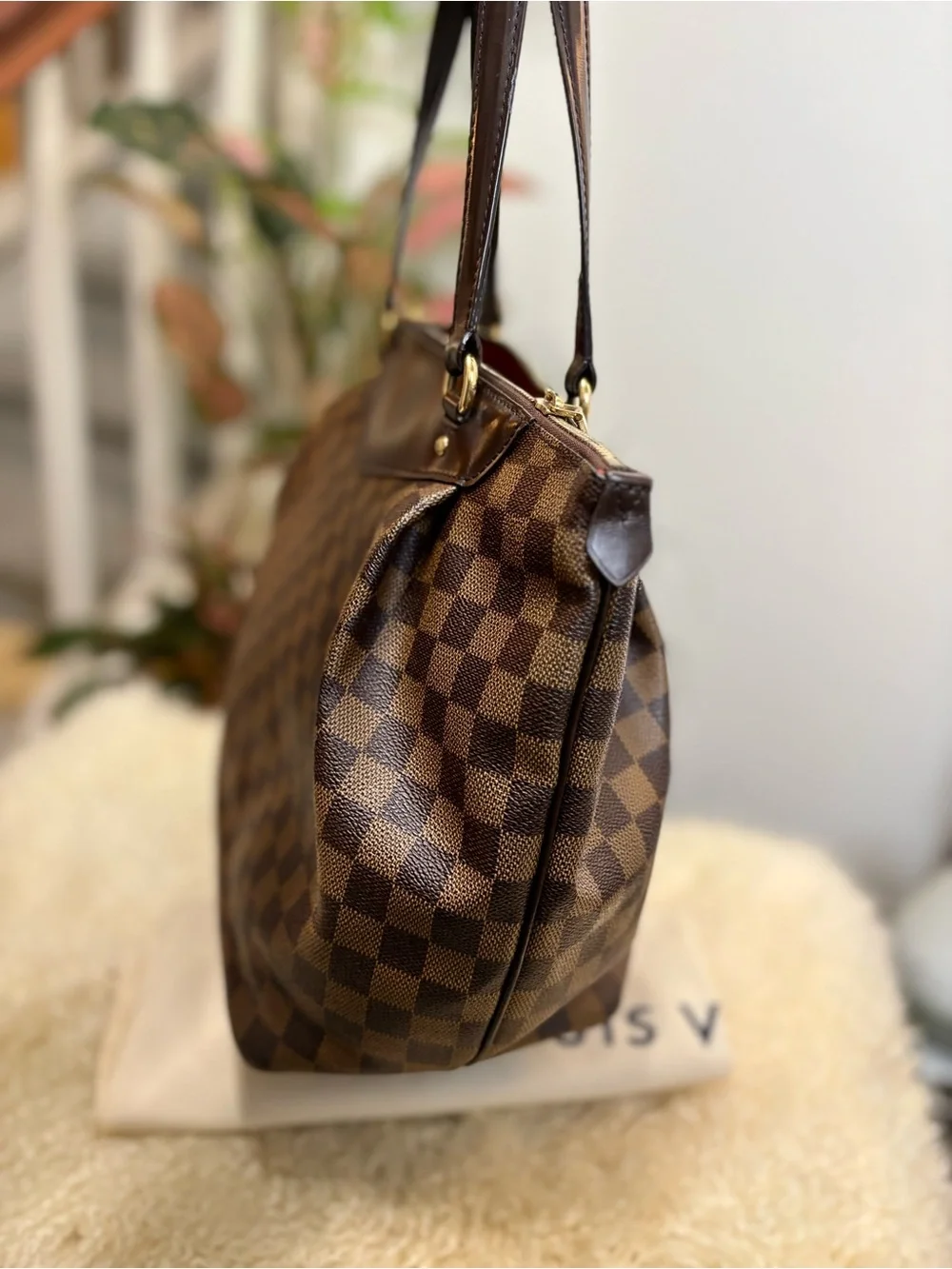 Louis Vuitton Brown Damier Ebene Check Canvas Tote with Gold Hardware